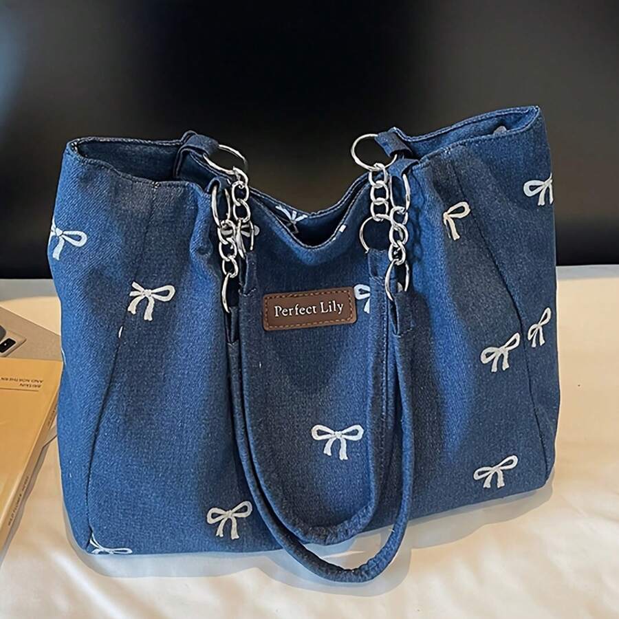 New Fashion Lily Embroidery Bow Women's Tote Bag Adjustable Chain Shoulder Strap Casual Daily Shopping Handbag Mobile Phone Makeup Bag Versatile Cross
