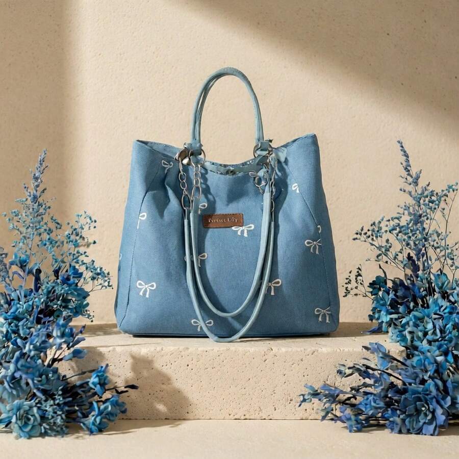 New Fashion Lily Embroidery Bow Women's Tote Bag Adjustable Chain Shoulder Strap Casual Daily Shopping Handbag Mobile Phone Makeup Bag Versatile Cross
