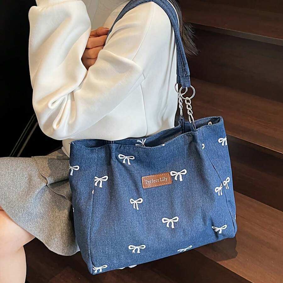 New Fashion Lily Embroidery Bow Women's Tote Bag Adjustable Chain Shoulder Strap Casual Daily Shopping Handbag Mobile Phone Makeup Bag Versatile Cross