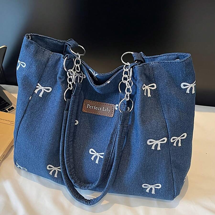 New Fashion Lily Embroidery Bow Women's Tote Bag Adjustable Chain Shoulder Strap Casual Daily Shopping Handbag Mobile Phone Makeup Bag Versatile Cross