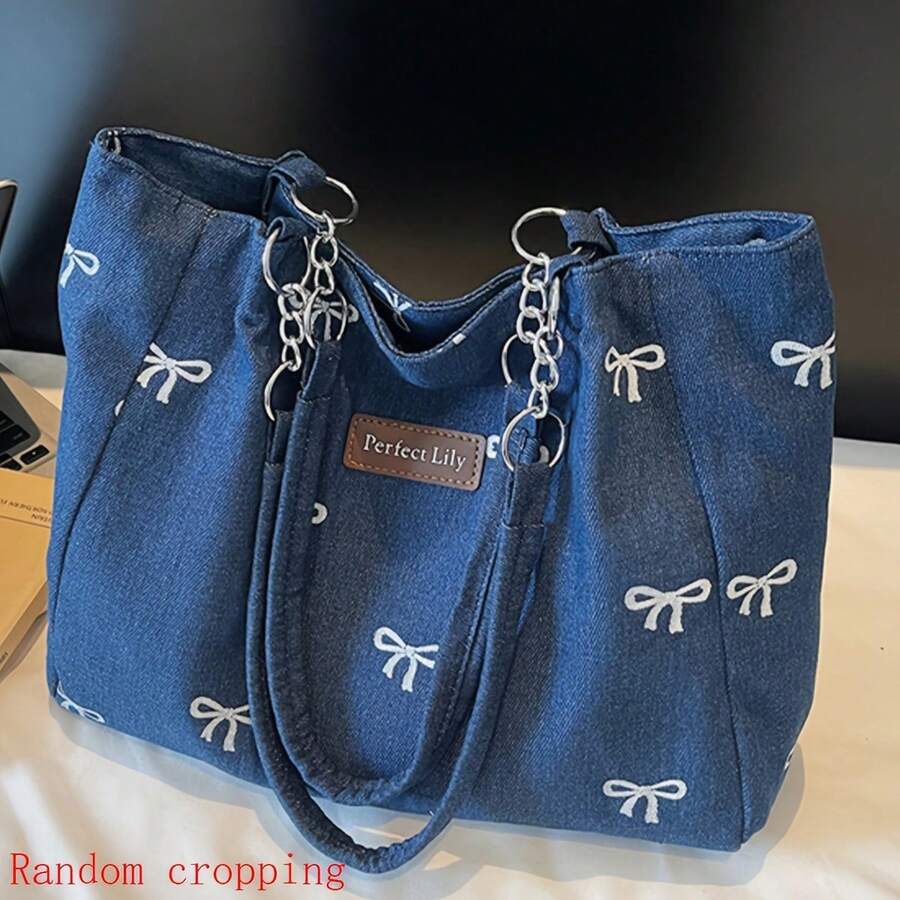 New Fashion Lily Embroidery Bow Women's Tote Bag Adjustable Chain Shoulder Strap Casual Daily Shopping Handbag Mobile Phone Makeup Bag Versatile Cross