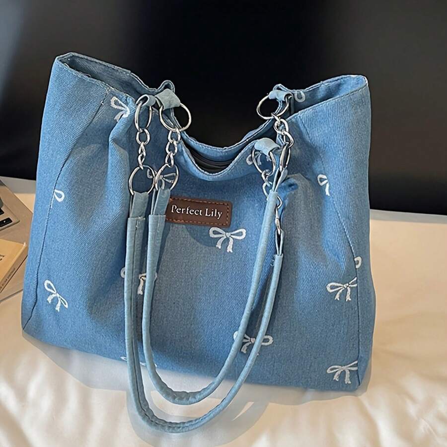 New Fashion Lily Embroidery Bow Women's Tote Bag Adjustable Chain Shoulder Strap Casual Daily Shopping Handbag Mobile Phone Makeup Bag Versatile Cross