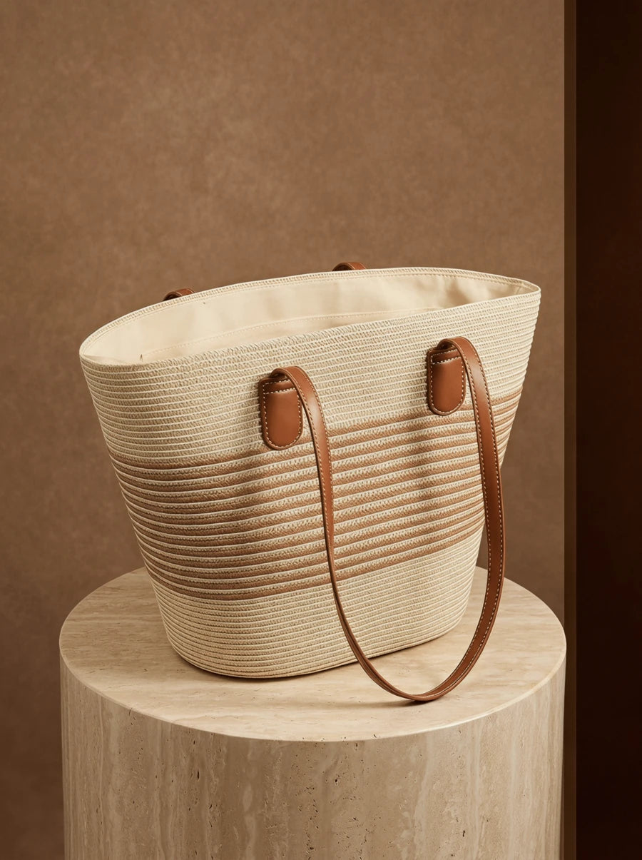 CAJUNI Large Capacity Straw Woven Tote Bag, Commuter Shoulder Bag For Beach Vacation And Travel, Straw Handbag For Women