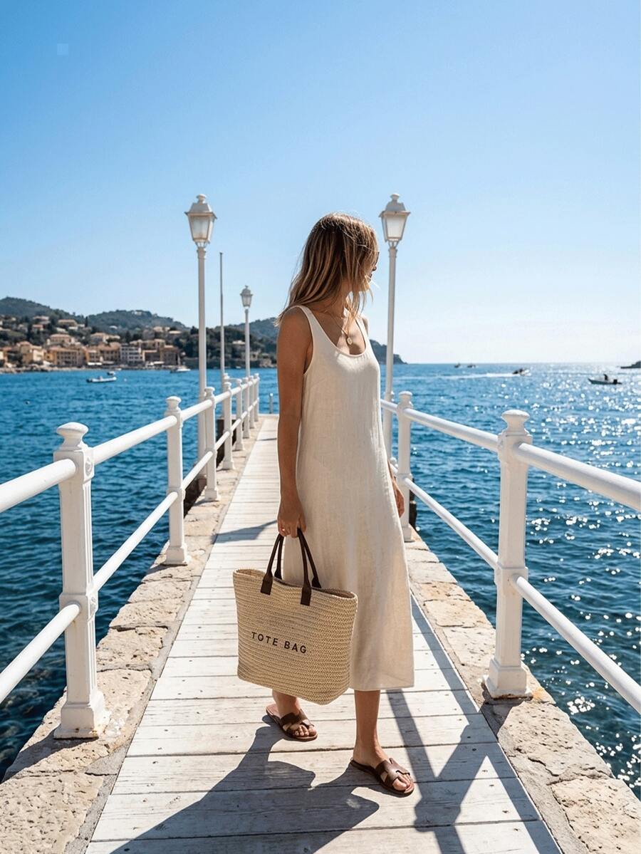 Large Summer Straw Beach Bag Tote Bag For Women Woven Handbag Brown Purse With Letter Decor Beach Essentials For Travel Cruise Vacation Holiday