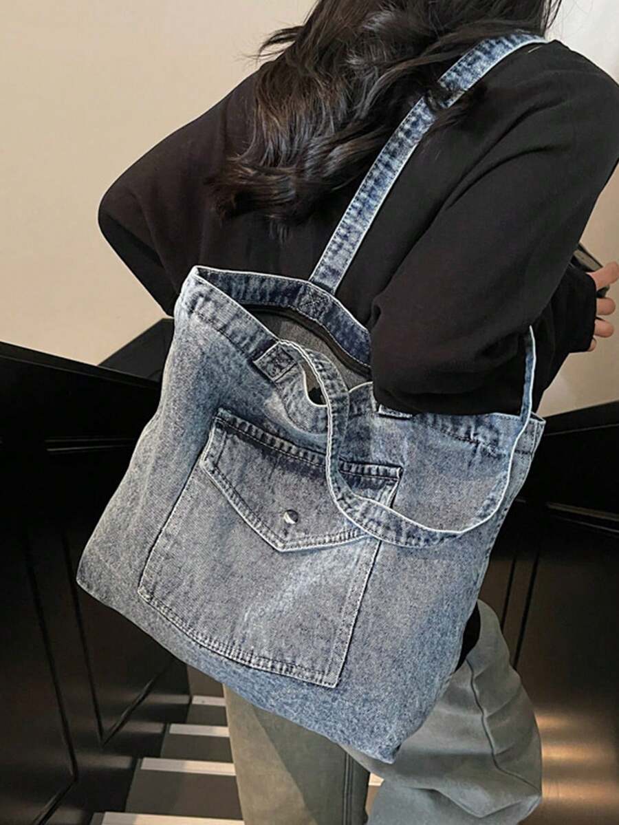 Vintage Blue Canvas Denim Bag For Women Large Capacity Shoulder Bag Handbag With Multiple Pockets Daily Bag For Shopping Travel School Commute