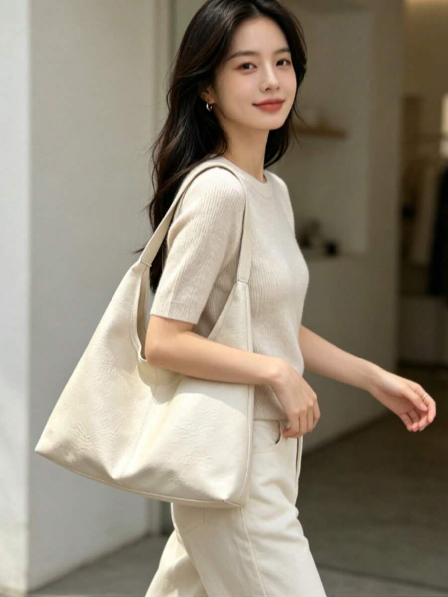 Women's New Large Tote Bag, Fashionable Design Shoulder Bag, Soft PU Material, Textured Style (Color Difference Due To Photo Angle)