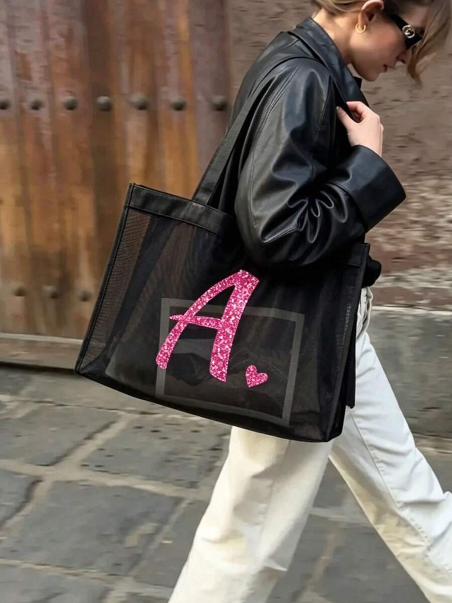 1pc Heart & Letter A-Z Mesh Beach Bag, Heart Letter Mesh Beach Tote Bag, Foldable Swimming Beach Handbag, Mesh Beach Shoulder Bag For Women, Suitable For Beach Vacation Storage And Shopping, Large Cap
