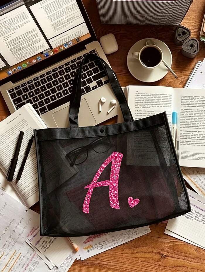 1pc Heart & Letter A-Z Mesh Beach Bag, Heart Letter Mesh Beach Tote Bag