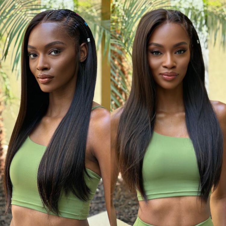 PreMax Wigs | 200% Density Natural Black Left Side Braids Straight 13x4 Frontal HD Lace Long Wig  - US Only