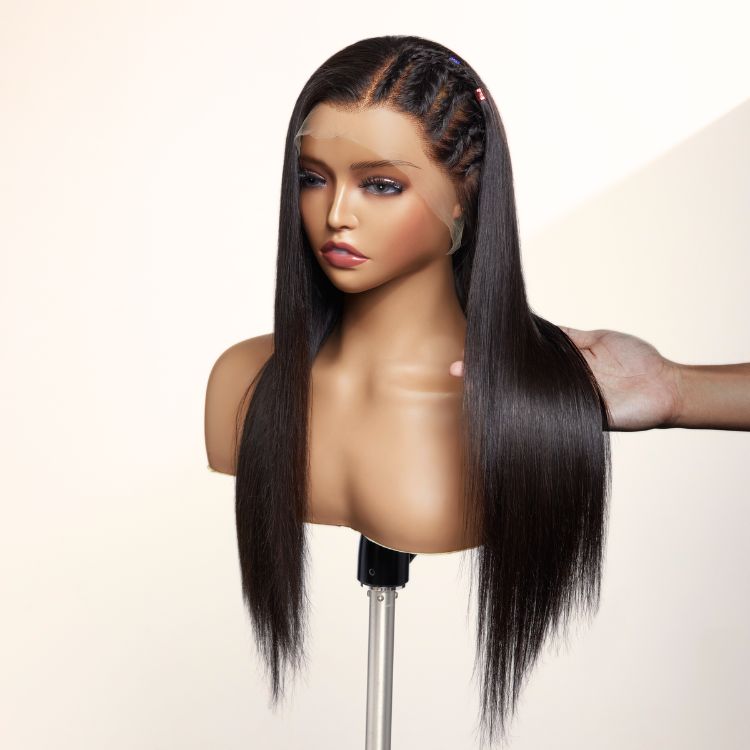 PreMax Wigs | 200% Density Natural Black Left Side Braids Straight 13x4 Frontal HD Lace Long Wig  - US Only