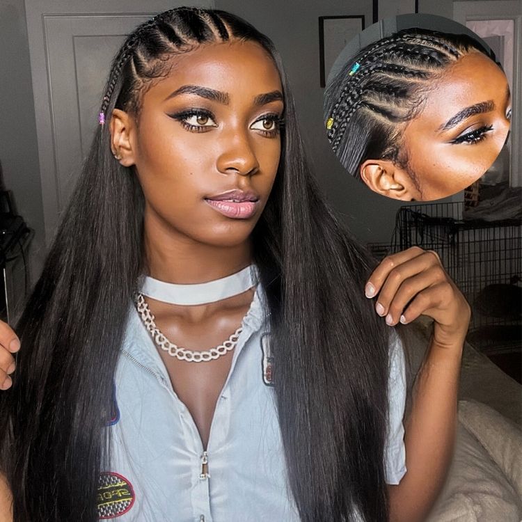 PreMax Wigs | 200% Density Natural Black Left Side Braids Straight 13x4 Frontal HD Lace Long Wig  - US Only