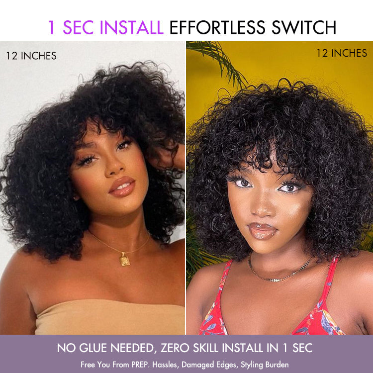 Exclusive Sale | Beginner Friendly Water Wave Minimalist Lace Glueless Short Wig with Bangs