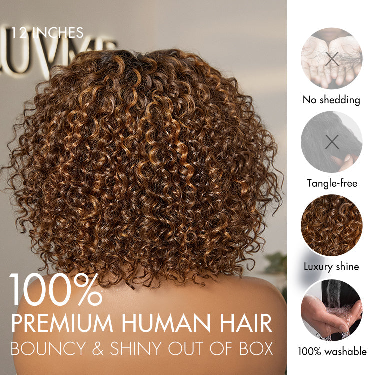 Warm Caramel Brown / Natural Black Deep Curly Glueless 5x5 Closure Pre-Cut Lace Wig