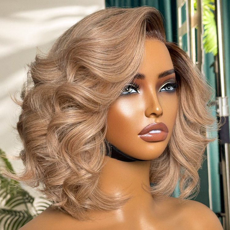 Ombre Ash Blonde Layered Bob Blowout Style Minimalist HD Pre-Cut Lace Glueless Short Wig  - US Only