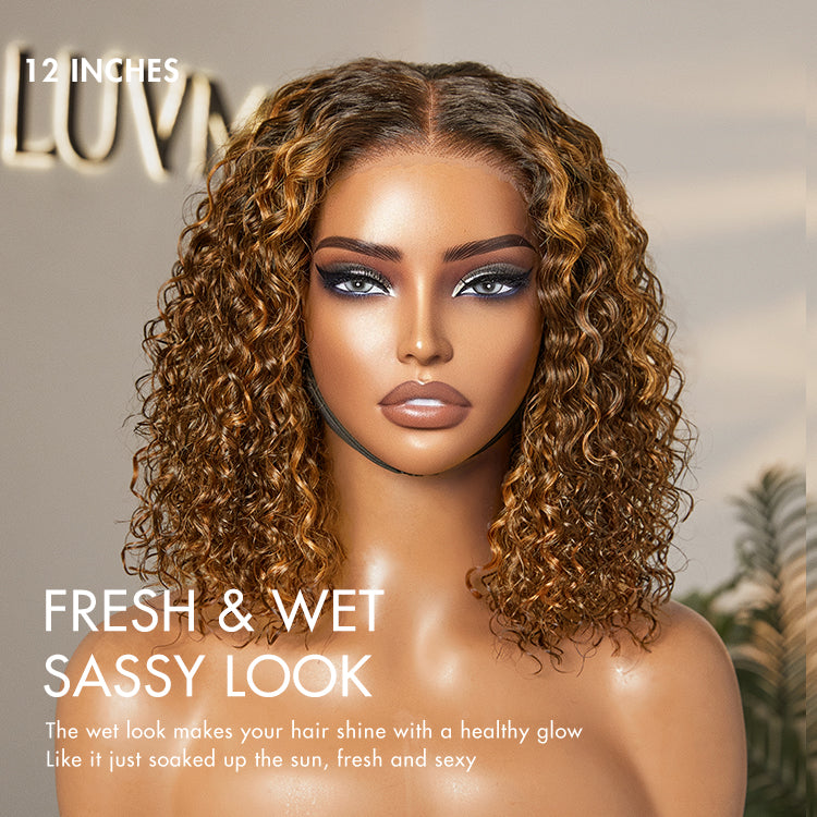 Warm Caramel Brown / Natural Black Deep Curly Glueless 5x5 Closure Pre-Cut Lace Wig
