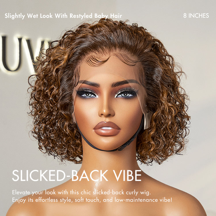 Brown Highlight / Jet Black Short Cut Slicked Back Curly Ear-to-ear Wide T Lace Wig