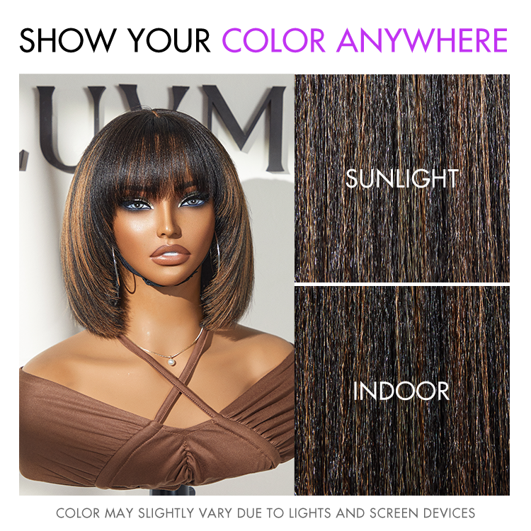 Put On and Go Ash Blonde Highlight / Brown Highlight / Natural Black Layered Cut Yaki Straight Minimalist Lace Bob Wig