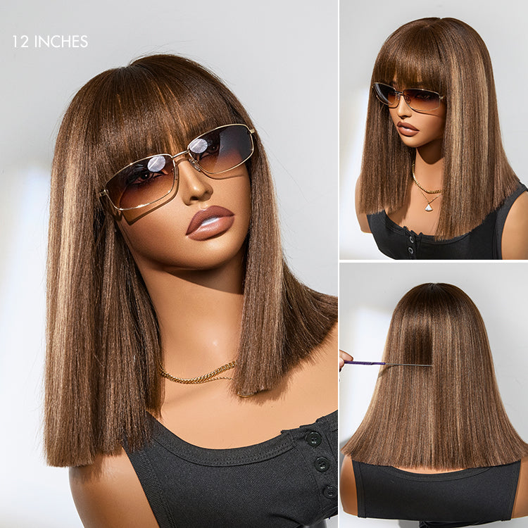 Exclusive Discount | Put On and Go Realistic Glueless Yaki Straight Bob With Bangs Minimalist Lace Wig 100% Human Hair