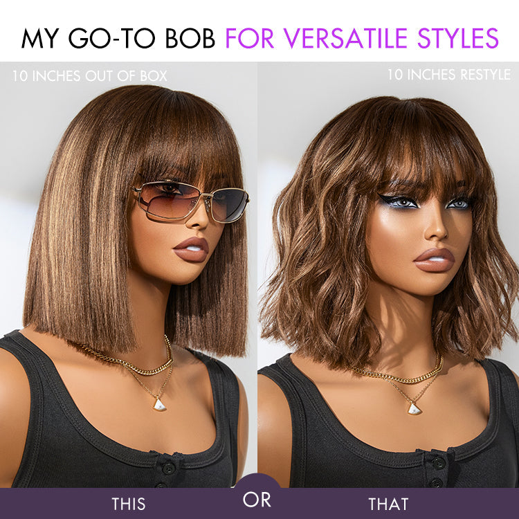 Exclusive Discount | Put On and Go Realistic Glueless Yaki Straight Bob With Bangs Minimalist Lace Wig 100% Human Hair