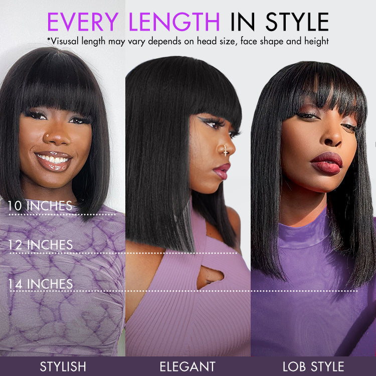 Exclusive Discount | Put On and Go Realistic Glueless Yaki Straight Bob With Bangs Minimalist Lace Wig 100% Human Hair