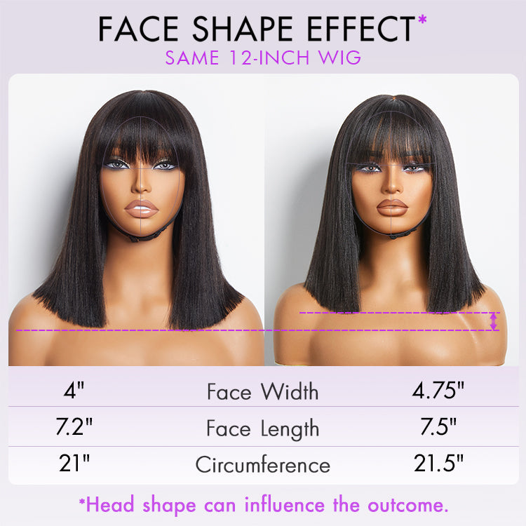 Exclusive Discount | Put On and Go Realistic Glueless Yaki Straight Bob With Bangs Minimalist Lace Wig 100% Human Hair