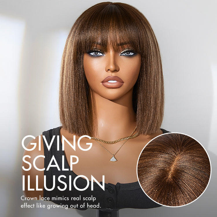 Exclusive Discount | Put On and Go Realistic Glueless Yaki Straight Bob With Bangs Minimalist Lace Wig 100% Human Hair