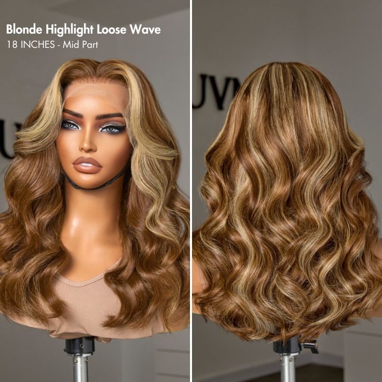 Honey Blonde Highlight Middle Part Bouncy Loose Wave Glueless 13x4 Frontal Lace Human Hair Wig