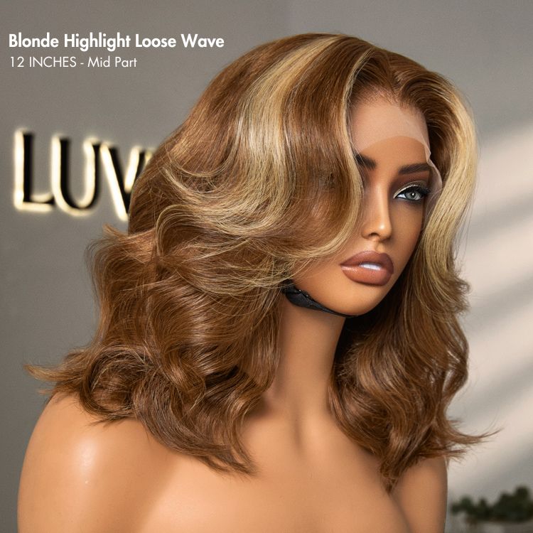 Honey Blonde Highlight Middle Part Bouncy Loose Wave Glueless 13x4 Frontal Lace Human Hair Wig