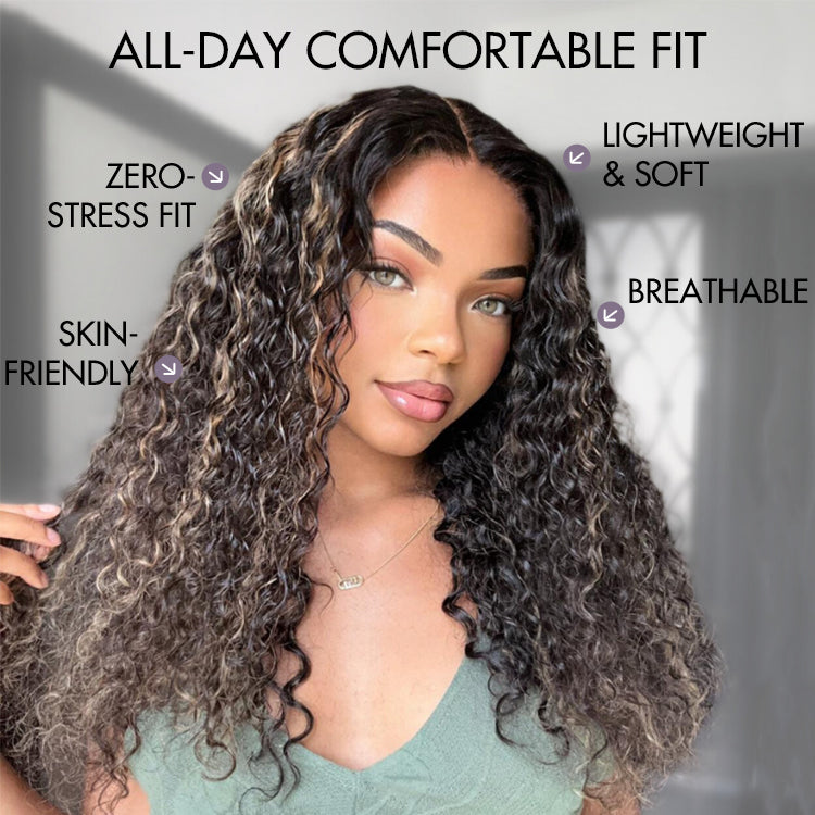 AiryFit™ Scalp Care Wigs - Blonde Highlight Water Wave Snugfit Glueless 5x5 Closure Lace Long Curly Wig Pre-Cut Lace - US Only