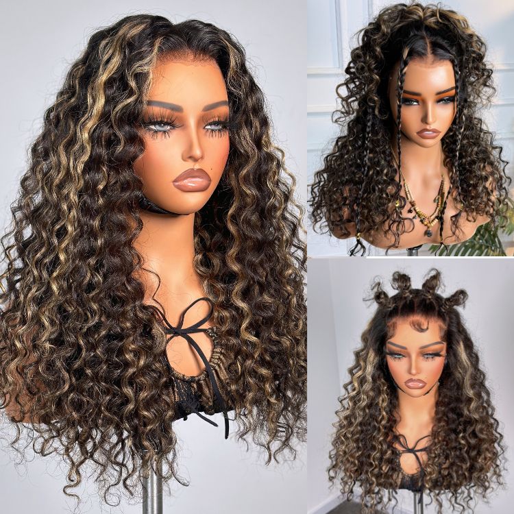 AiryFit™ Scalp Care Wigs - Blonde Highlight Water Wave Snugfit Glueless 5x5 Closure Lace Long Curly Wig Pre-Cut Lace - US Only