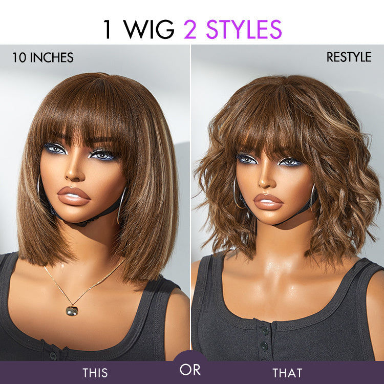 Put On and Go Ash Blonde Highlight / Brown Highlight / Natural Black Layered Cut Yaki Straight Minimalist Lace Bob Wig
