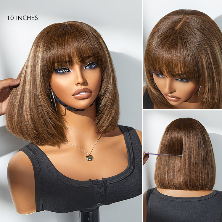 New Customers Only | Put On and Go Ash Blonde Highlight / Brown Highlight / Natural Black Layered Cut Yaki Straight Minimalist Lace Bob Wig