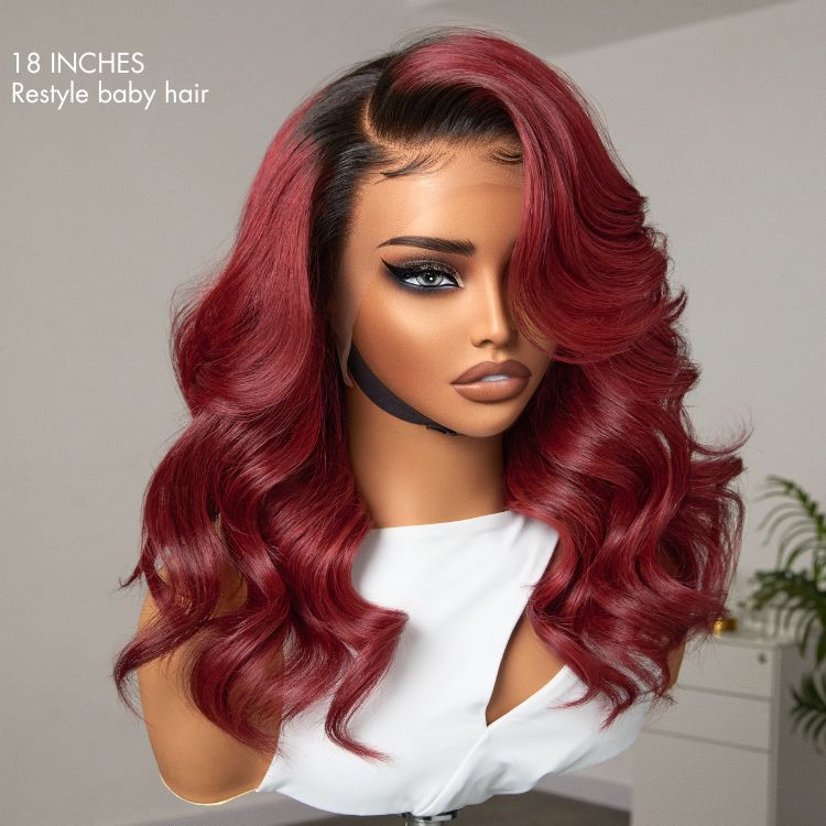 Gorgeous Loose Body Wave Red Hair Wig with Dark Roots Ear-to-Ear 13x4 Frontal Lace Wig