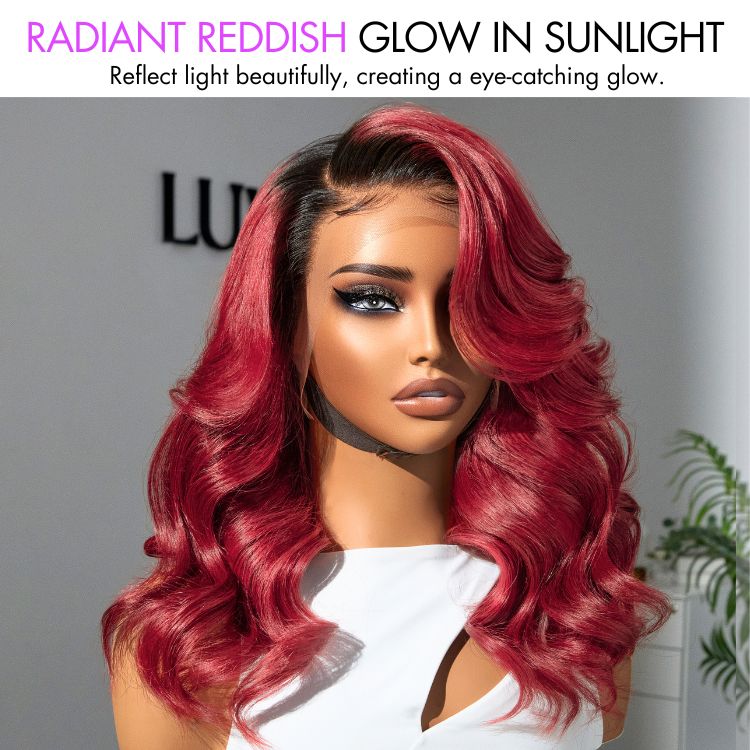 Gorgeous Loose Body Wave Red Hair Wig with Dark Roots Ear-to-Ear 13x4 Frontal Lace Wig