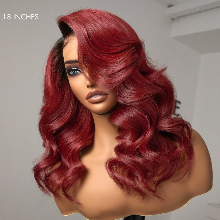 Gorgeous Loose Body Wave Red Hair Wig with Dark Roots Ear-to-Ear 13x4 Frontal Lace Wig