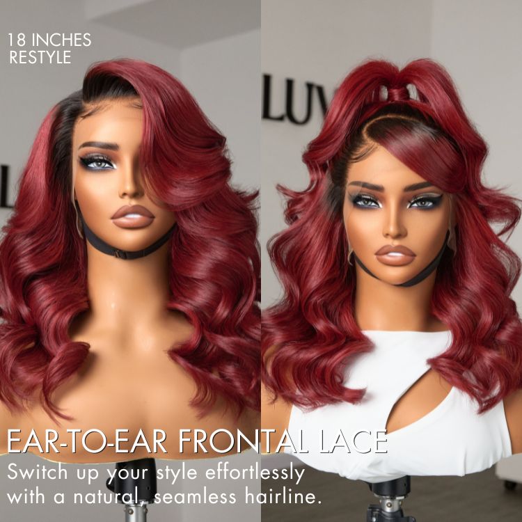 Gorgeous Loose Body Wave Red Hair Wig with Dark Roots Ear-to-Ear 13x4 Frontal Lace Wig
