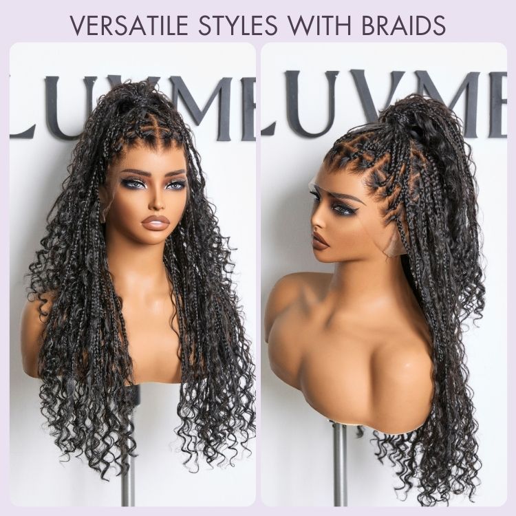 Special Deal | Light Weight Flexi-Fit Invisi Drawstring Cap Full Lace Knotless Boho Curls Braided Long Wig Super Natural Scalp