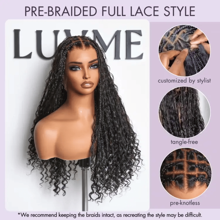Special Deal | Light Weight Flexi-Fit Invisi Drawstring Cap Full Lace Knotless Boho Curls Braided Long Wig Super Natural Scalp