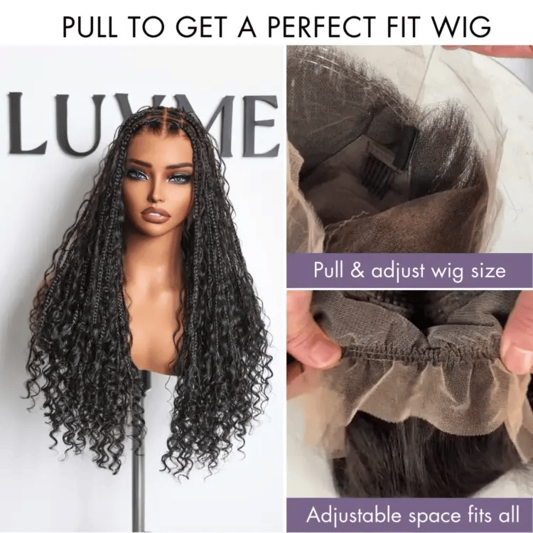 New Customers Only | Light Weight Flexi-Fit Invisi Drawstring Cap Full Lace Knotless Boho Curls Braided Long Wig Super Natural Scalp