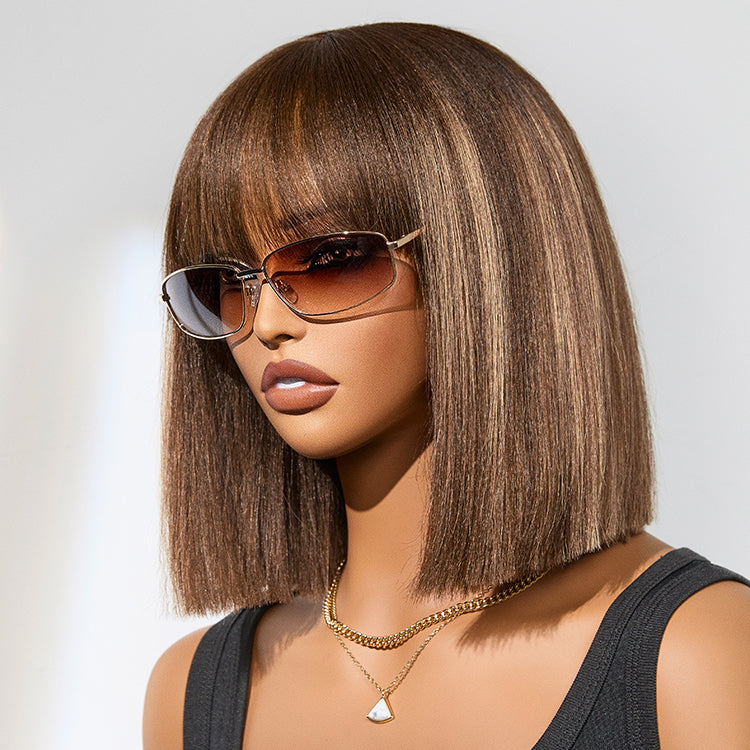 Ash Blonde Highlights with Dark Brown Base Yaki Blunt Cut Bob Wig with Bangs Glueless Minimalist Lace Short Wig