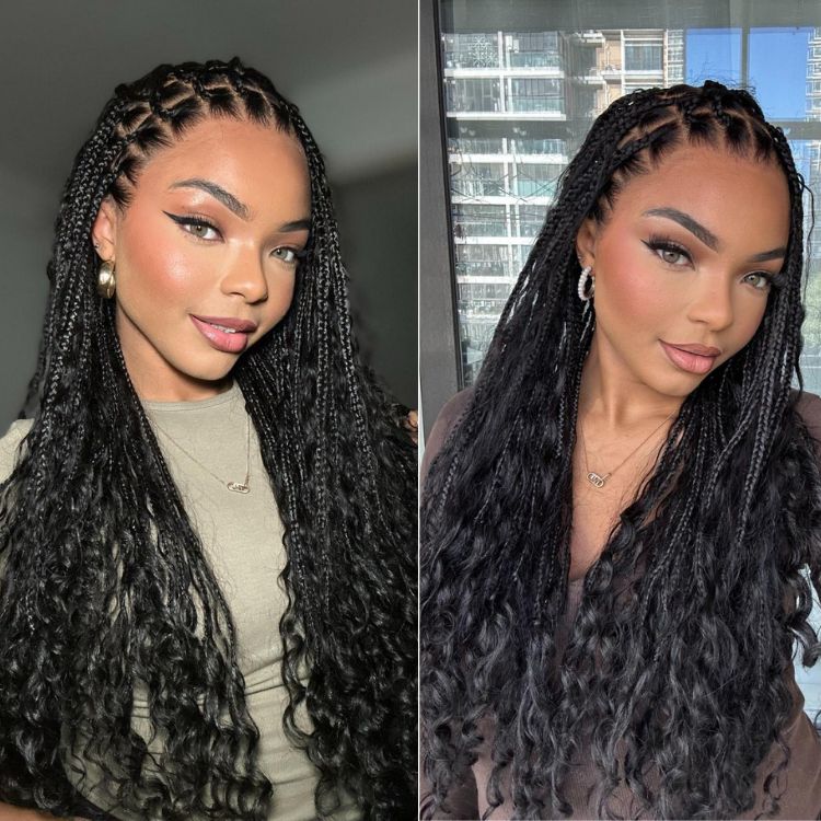 Special Deal | Light Weight Flexi-Fit Invisi Drawstring Cap Full Lace Knotless Boho Curls Braided Long Wig Super Natural Scalp