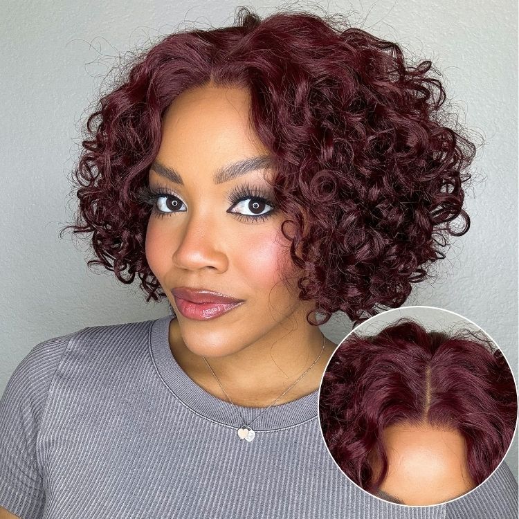 Trendy Burgundy Curly Bob Glueless Minimalist HD Lace T Part 99J Hair Color Wig 100% Human Hair  - US Only
