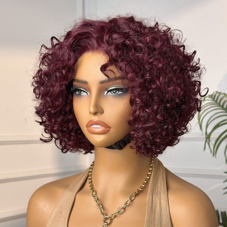 Trendy Burgundy Curly Bob Glueless Minimalist HD Lace T Part 99J Hair Color Wig 100% Human Hair  - US Only