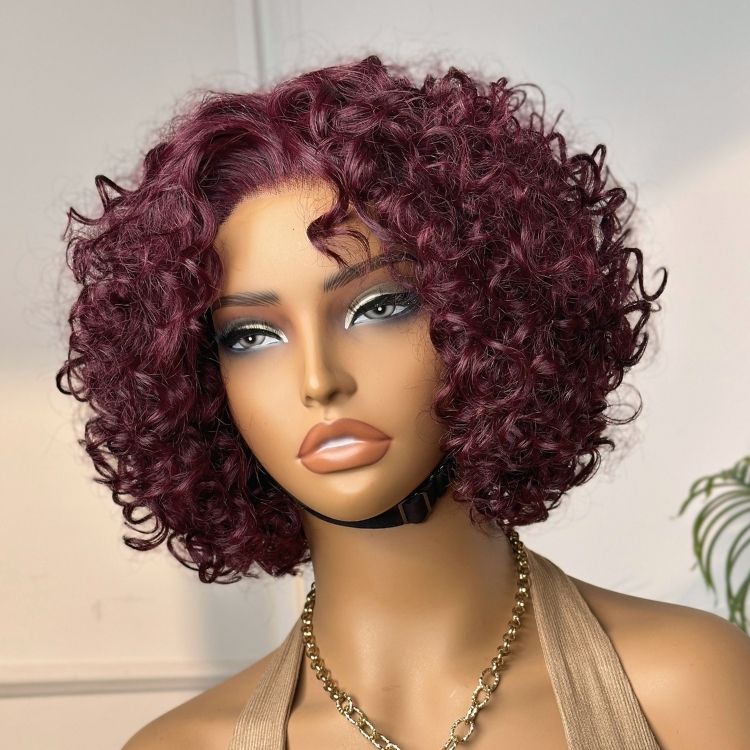 Trendy Burgundy Curly Bob Glueless Minimalist HD Lace T Part 99J Hair Color Wig 100% Human Hair  - US Only