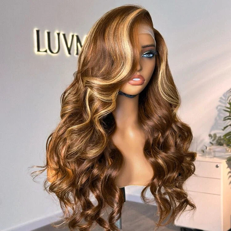 Honey Golden blonde / Natural Black Loose Body Wave Glueless 13x4 Lace Front Wig 100% Human Hair