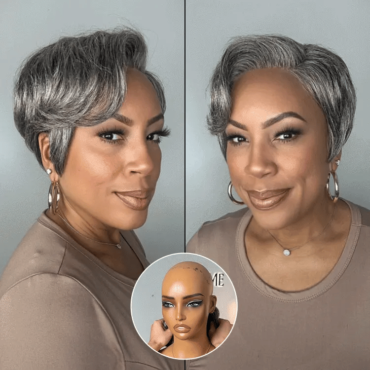 New Customers Only | Salt and Pepper Short Pixie Cut Wig Glueless Minimalist HD Lace Grey Wig Pre-Cut Lace