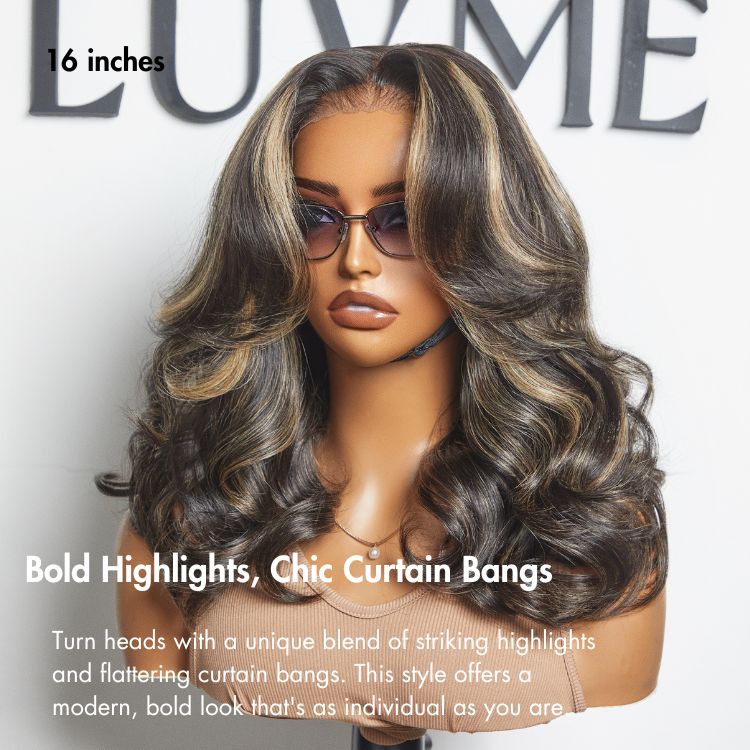 Curtain Bangs Blonde Highlight Loose Wave Glueless 5x5 Closure Pre-Cut Lace Wig All Head Sizes Fit Cap  - US Only