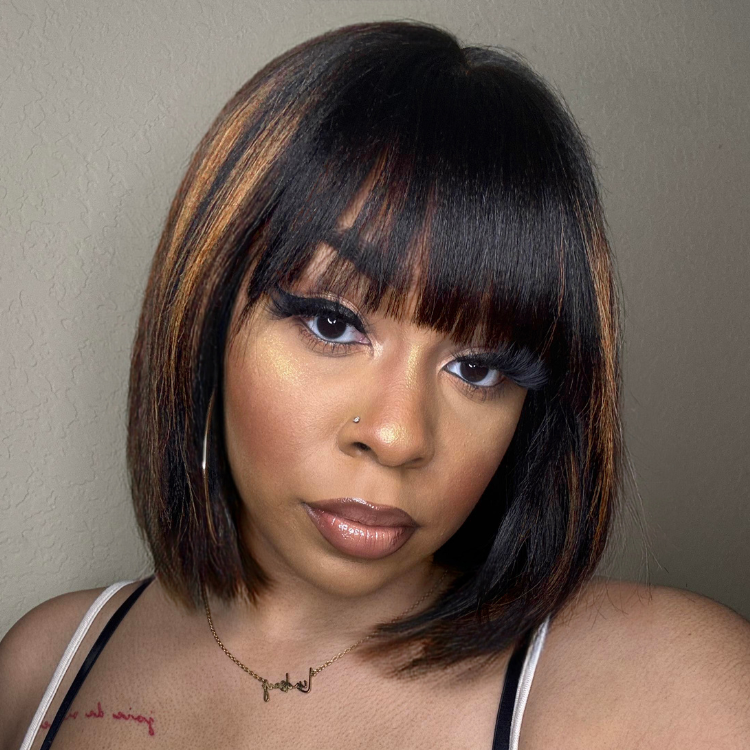 New Customers Only | Put On and Go Ash Blonde Highlight / Brown Highlight / Natural Black Layered Cut Yaki Straight Minimalist Lace Bob Wig