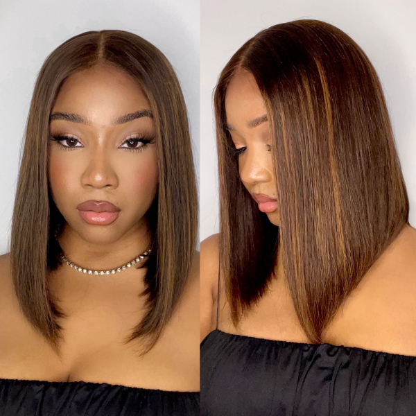 Limited Stocks | Glueless Chestnut Brown Highlights Straight 4x4 Closure Bob Wig - US Only