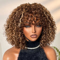 Beginner Friendly Ash Blonde Highlights Water Wave True Scalp Minimalist Lace Glueless Curly Wig with Bangs